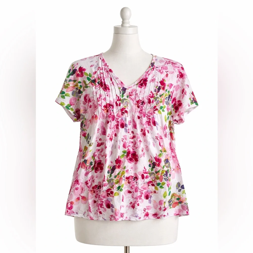 Westport XL Floral Blouse Pink Watercolor Print Short Sleeve Flowy - Picture 1 of 6